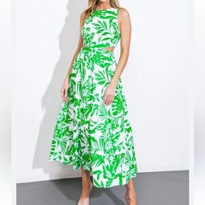 Vici Green and White Leaf Print Midi Skirt